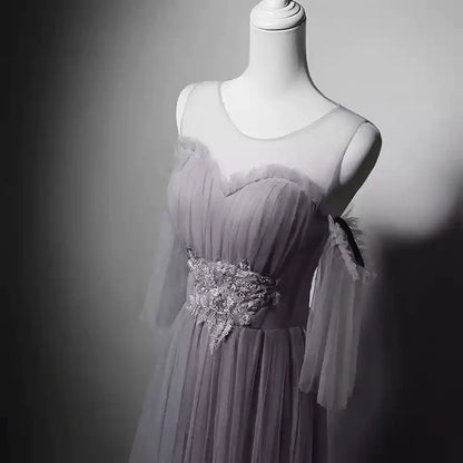 Gray Tulle Evening Dress with Embellished Waist Off-Shoulder Evening Gown with Sleeves