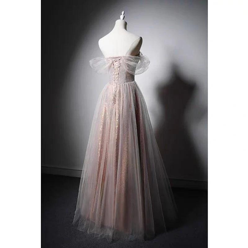 Fairy Princess Style Pink Off-shoulder Evening Dresses