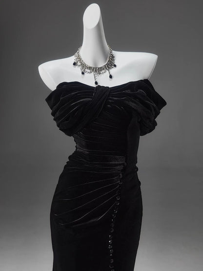 Elegant Gothic Black Velvet Evening Gown  Off-Shoulder Ruched Evening Dress with Corset