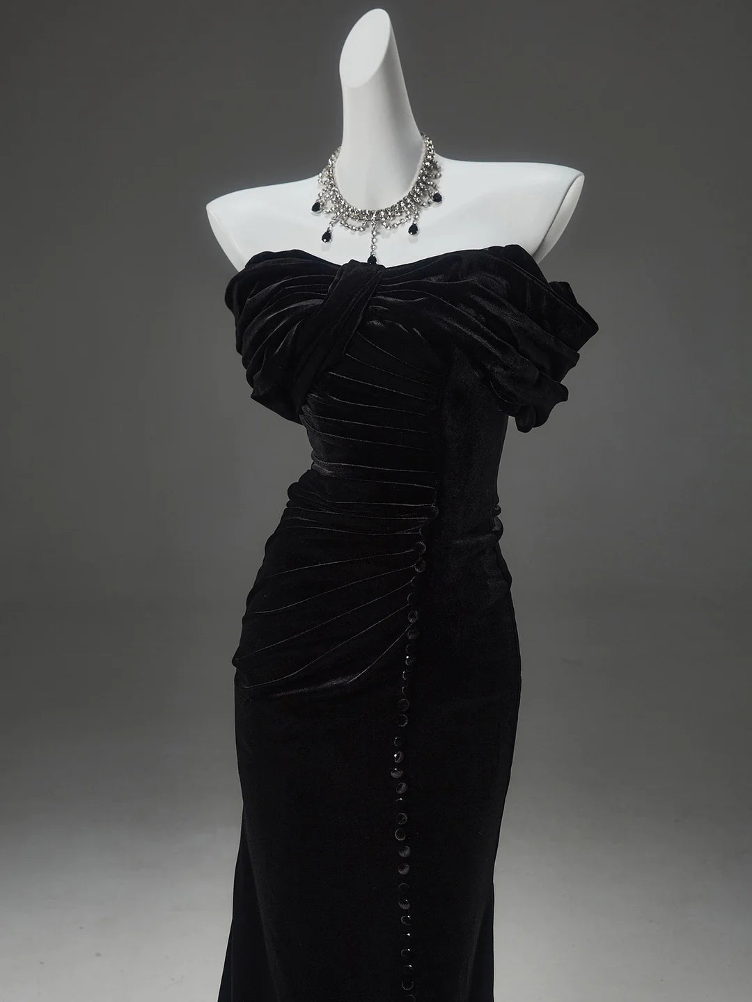 Elegant Gothic Black Velvet Evening Gown  Off-Shoulder Ruched Evening Dress with Corset