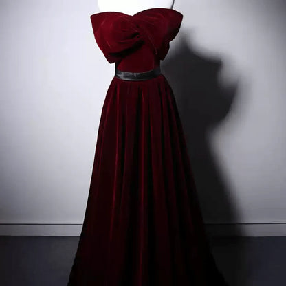 Red Velvet Evening Dress with Bow Off the Shoulder Evening Gown  Evening Dress Red Colour with Corset Back