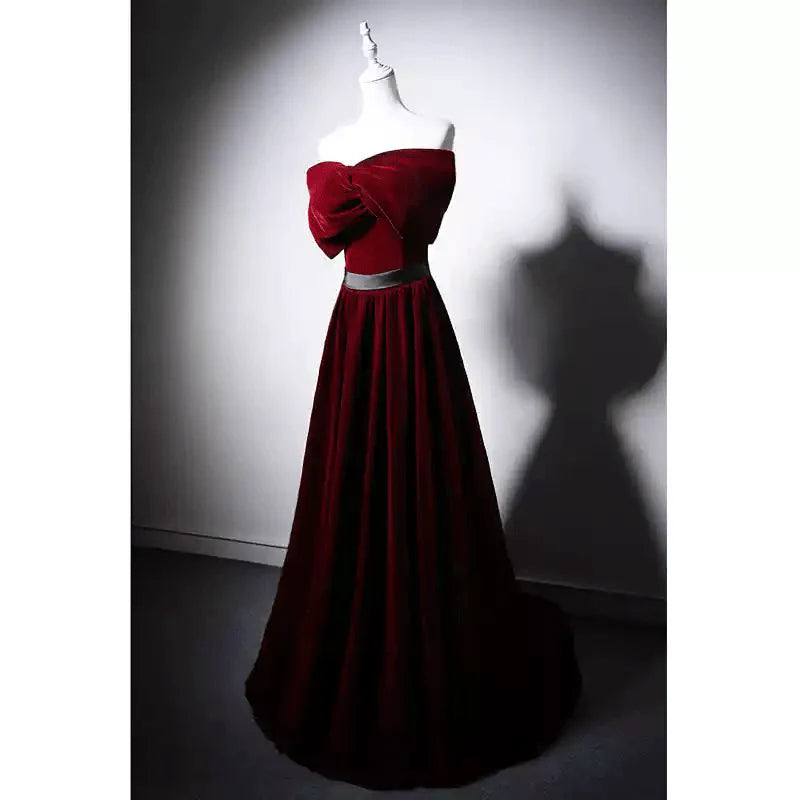 Red Velvet Evening Dress with Bow Off the Shoulder Evening Gown  Evening Dress Red Colour with Corset Back