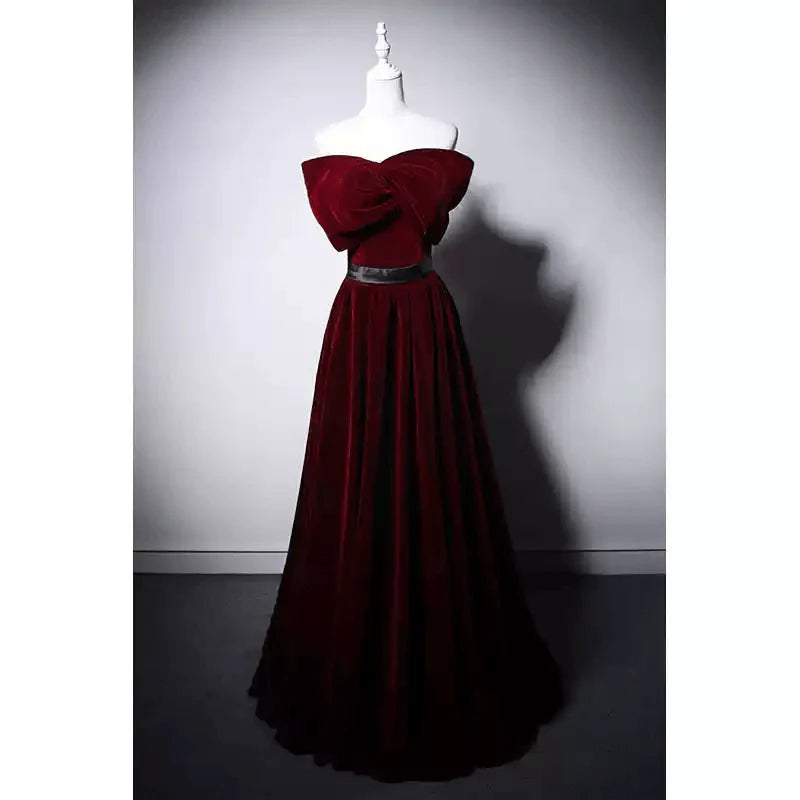 Red Velvet Evening Dress with Bow Off the Shoulder Evening Gown  Evening Dress Red Colour with Corset Back
