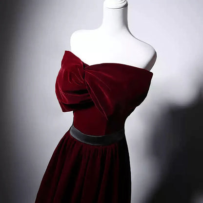 Red Velvet Evening Dress with Bow Off the Shoulder Evening Gown  Evening Dress Red Colour with Corset Back