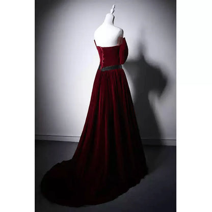 Red Velvet Evening Dress with Bow Off the Shoulder Evening Gown  Evening Dress Red Colour with Corset Back