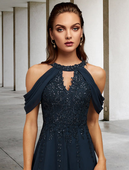 A-shaped Bride Mom Dress Wedding Guests Large Hanging Neck and Floor Length Lace sheer sequin without cuffs sequin