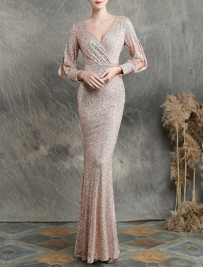 Mermaid Loudspeaker Evening Dress Sparkling Dress Party Dress Wedding Guests Landing Long Sleeve V-Neck Sequins