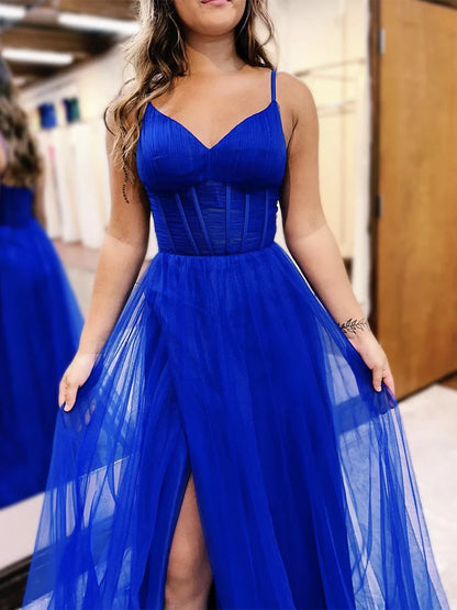 A-Line V Neck Tulle Blue Long Evening Dress Blue Tulle Long Formal Dress