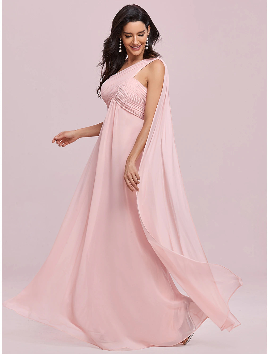 A-line generous and dignified evening dress imperial wedding formal banquet for guests and floor length sleeveless one shoulder bridesmaid dress chiffon open strap pleats