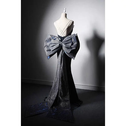 Sapphire Blue Velvet Backless Formal Dress With Bow Tie  Evening Gown