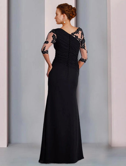 Sheath Column Bride Mother Dress Formal Wedding Guest Jewelry Neck to Floor Length Chiffon Lace 3/4 Long Sleeves with Beaded Applique