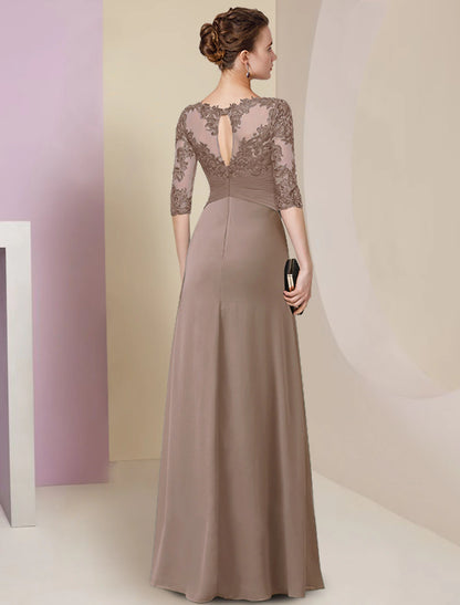 Set column bride mother dress elegant, simple and generous jewelry collar and floor length chiffon lace half sleeve pleated solid color