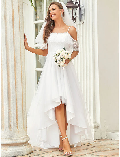 A-line Off Shoulder Short Sleeve Asymmetric Small White Skirt Bohemian Wedding Dress Lace Bridal Dress Lace Drop
