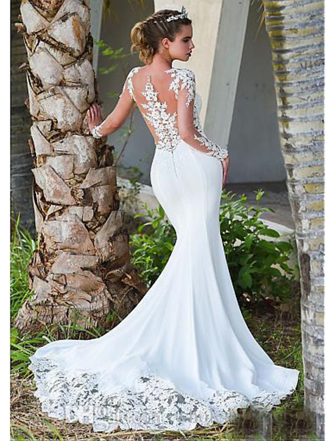 Engagement Backless Formal Wedding Dress Fishtail Horn Phantom Neck Long sleeved Lace Bridal Dress with Stickers