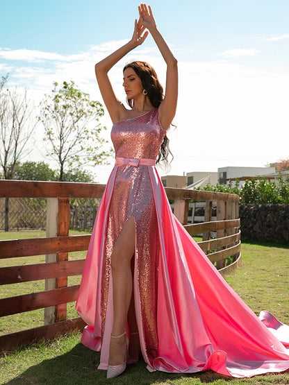 Elegant Princess Elastic Woven Satin Sequin One Shoulder Sleeveless Dress