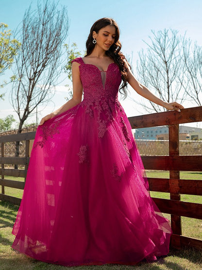 A-line Princess Tulle Applique V-neck Sleeveless Floor Slim Fit Dress