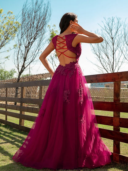 A-line Princess Tulle Applique V-neck Sleeveless Floor Slim Fit Dress