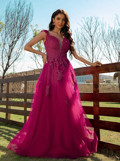 A-line Princess Tulle Applique V-neck Sleeveless Floor Slim Fit Dress