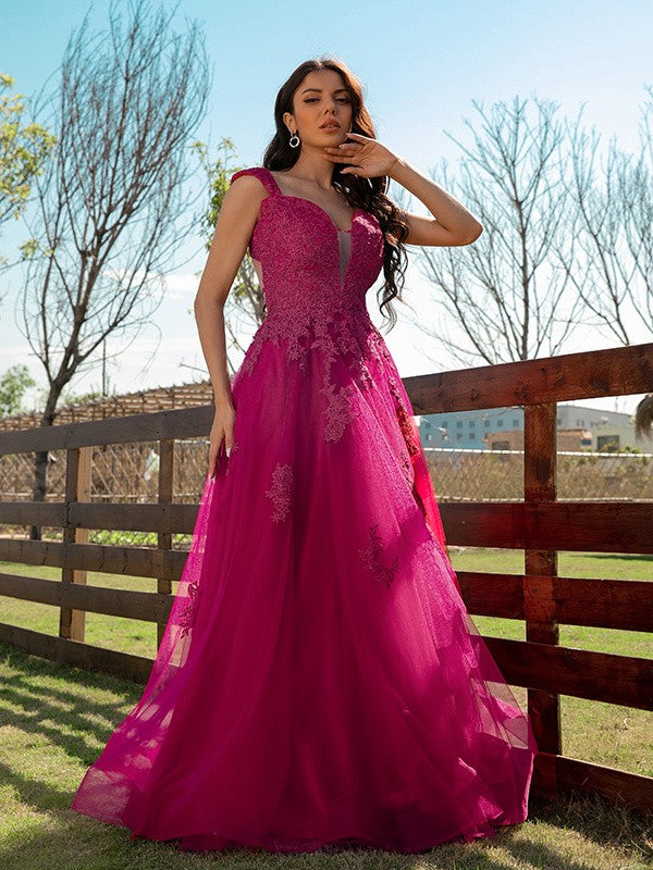 A-line Princess Tulle Applique V-neck Sleeveless Floor Slim Fit Dress