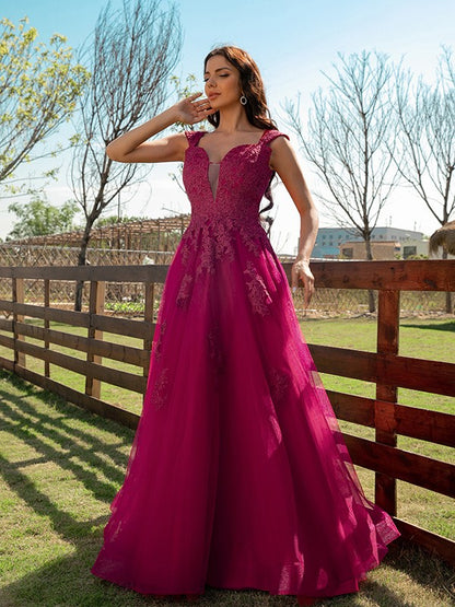 A-line Princess Tulle Applique V-neck Sleeveless Floor Slim Fit Dress