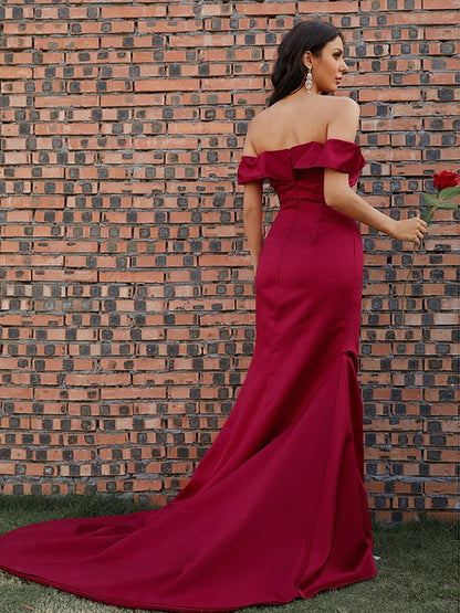 Sheath cylinder satin pleated sexy off shoulder sleeveless brush skirt