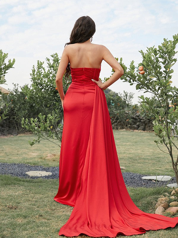 Pillar shaped silk like satin pleated sleeveless brushed skirt