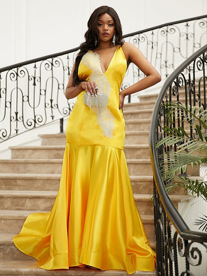 Horn shaped mermaid shaped elastic woven satin inlaid V-neck sleeveless train skirt