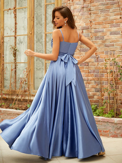 A-line Princess Style Silk Imitation Satin Ruffle Edge V-neck Sleeveless Floor length Ball Dress