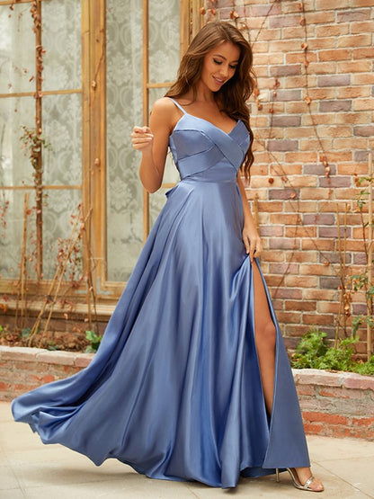 A-line Princess Style Silk Imitation Satin Ruffle Edge V-neck Sleeveless Floor length Ball Dress