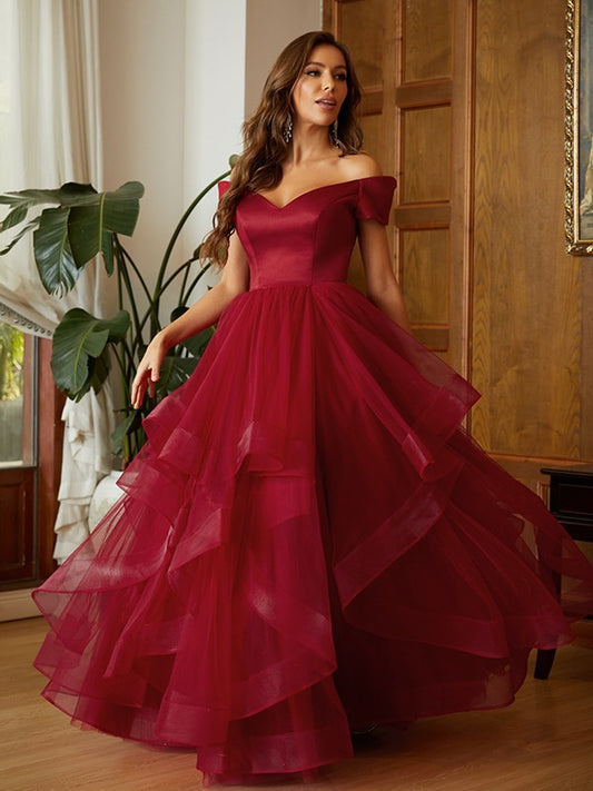 A-line Princess sheer sexy off the shoulder sleeveless floor dress