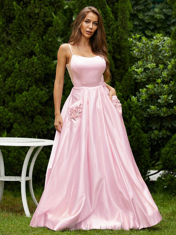 A-line Elegant Princess Satin Sticker Fine Shoulder Strap Sleeveless Floor length Dress