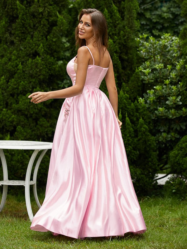 A-line Elegant Princess Satin Sticker Fine Shoulder Strap Sleeveless Floor length Dress