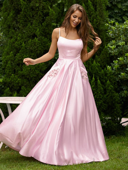 A-line Elegant Princess Satin Sticker Fine Shoulder Strap Sleeveless Floor length Dress