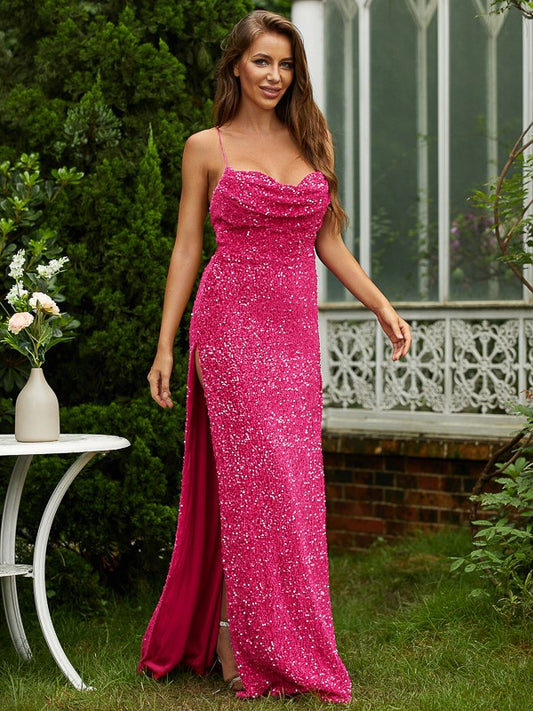 Slim fit column pleated thin shoulder strap sleeveless and floor length evening party dress