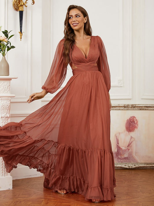 A-line Princess Dress Chiffon Ruffle Edge V-neck Long sleeved Bra Dress