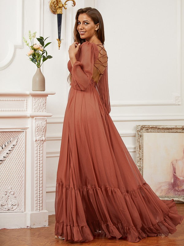 Elegant V-Princess Skirt 30D Chiffon Ruffle Edge V-Neck Long Sleeve Bra Dress