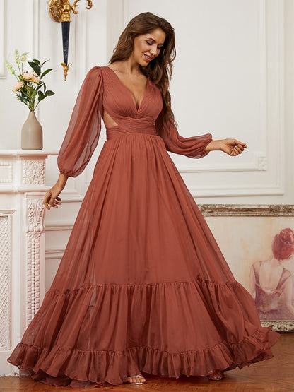 Elegant V-Princess Skirt 30D Chiffon Ruffle Edge V-Neck Long Sleeve Bra Dress