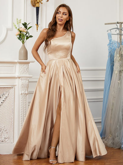 Princess style satin ruffled edge single shoulder sleeveless cocktail party and floor length skirt