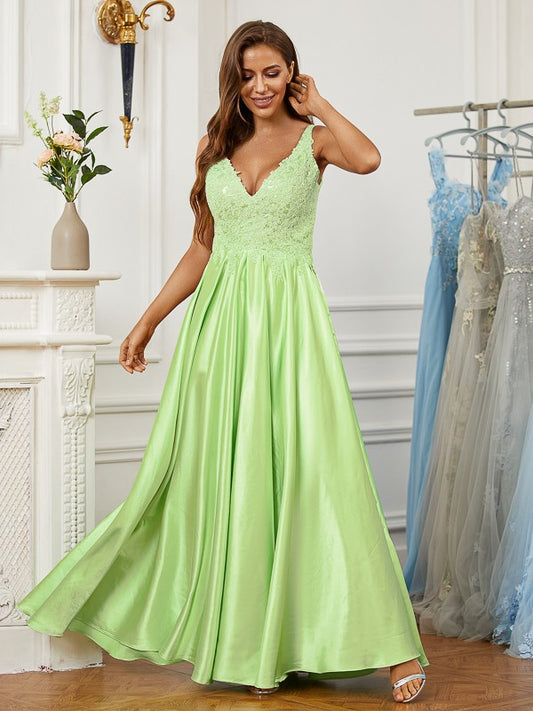 A-shaped princess style elastic woven satin lace V-neck sleeveless ground length skirt