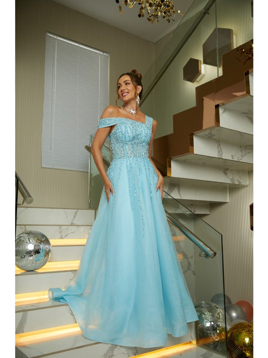 A-line Princess Organza Beaded Bust Sleeveless Floor Dress