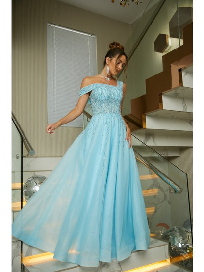 A-line Princess Organza Beaded Bust Sleeveless Floor Dress