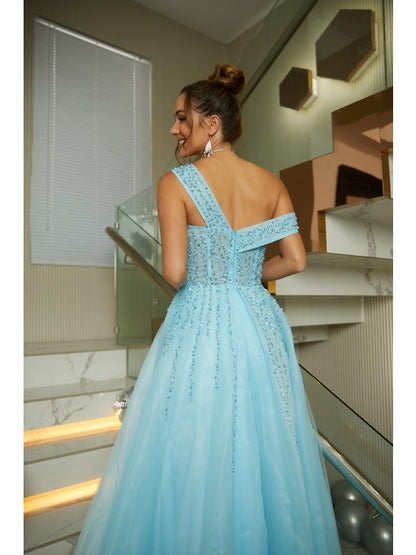 A-line Princess Organza Beaded Bust Sleeveless Floor Dress