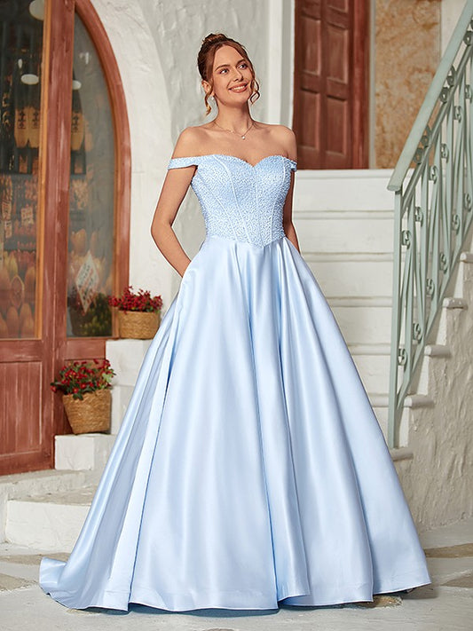 Ball Gown Satin Bead Sexy Off Shoulder Sleeveless Dress