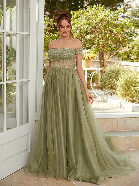 A-line skirt sweet princess sheer off shoulder sleeveless palace dress