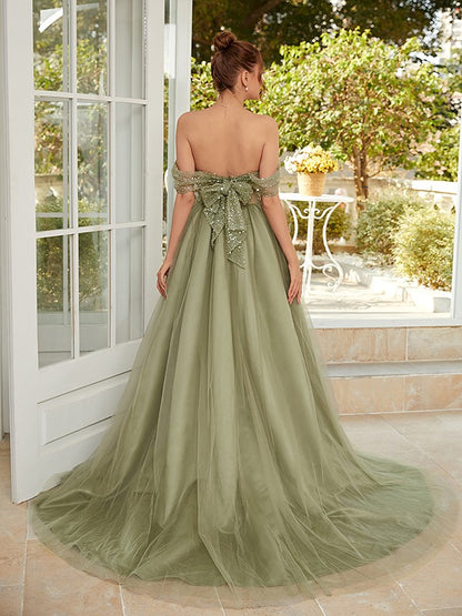 A-line skirt sweet princess sheer off shoulder sleeveless palace dress