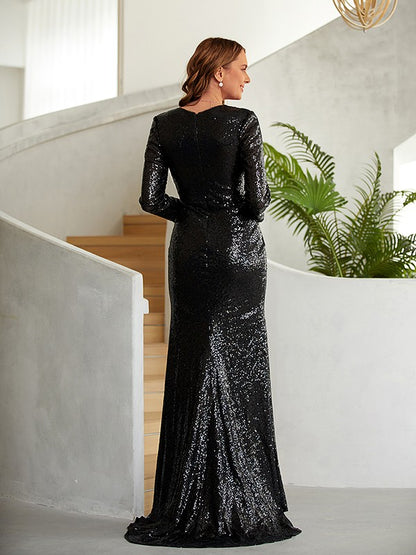Bright sequin pleated V-neck long sleeved slim fit dress with a protective sheath