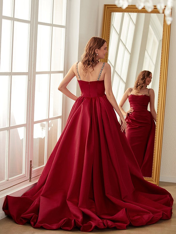 Cylindrical satin pleated spaghetti strap sleeveless church dress