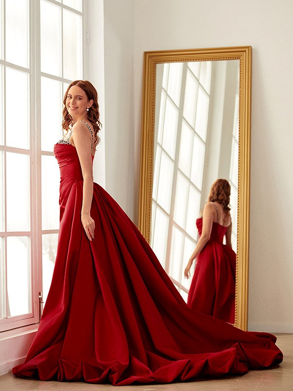 Cylindrical satin pleated spaghetti strap sleeveless church dress