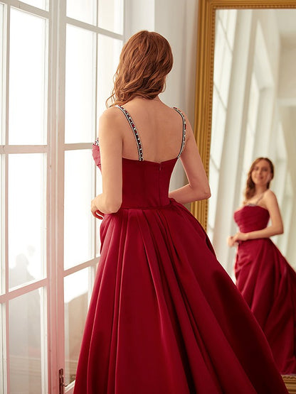 Cylindrical satin pleated spaghetti strap sleeveless church dress