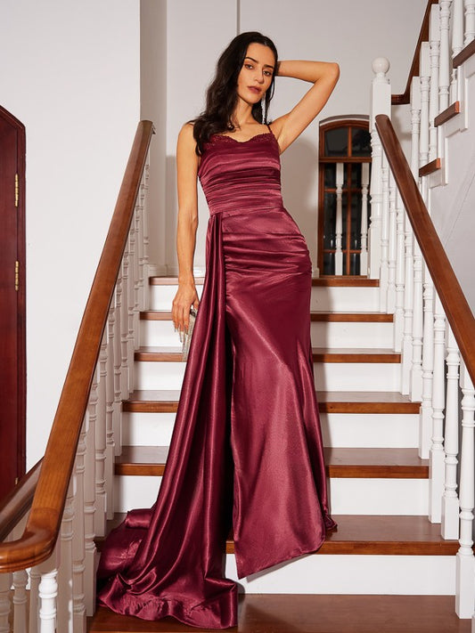 Cylindrical elastic woven satin pleated Italian spaghetti strap sleeveless brush style skirt
